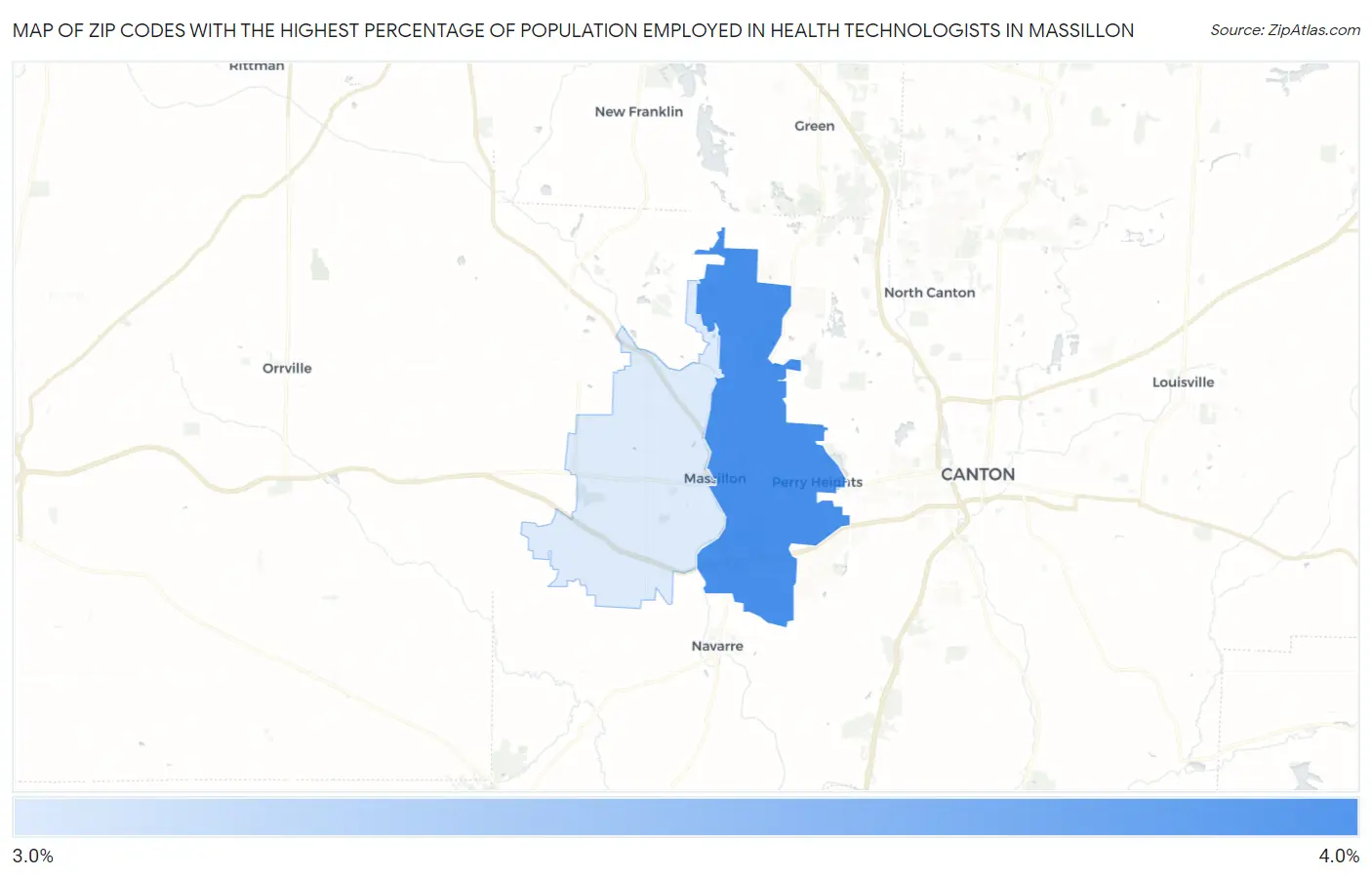 Zip Codes with the Highest Percentage of Population Employed in Health Technologists in Massillon Map