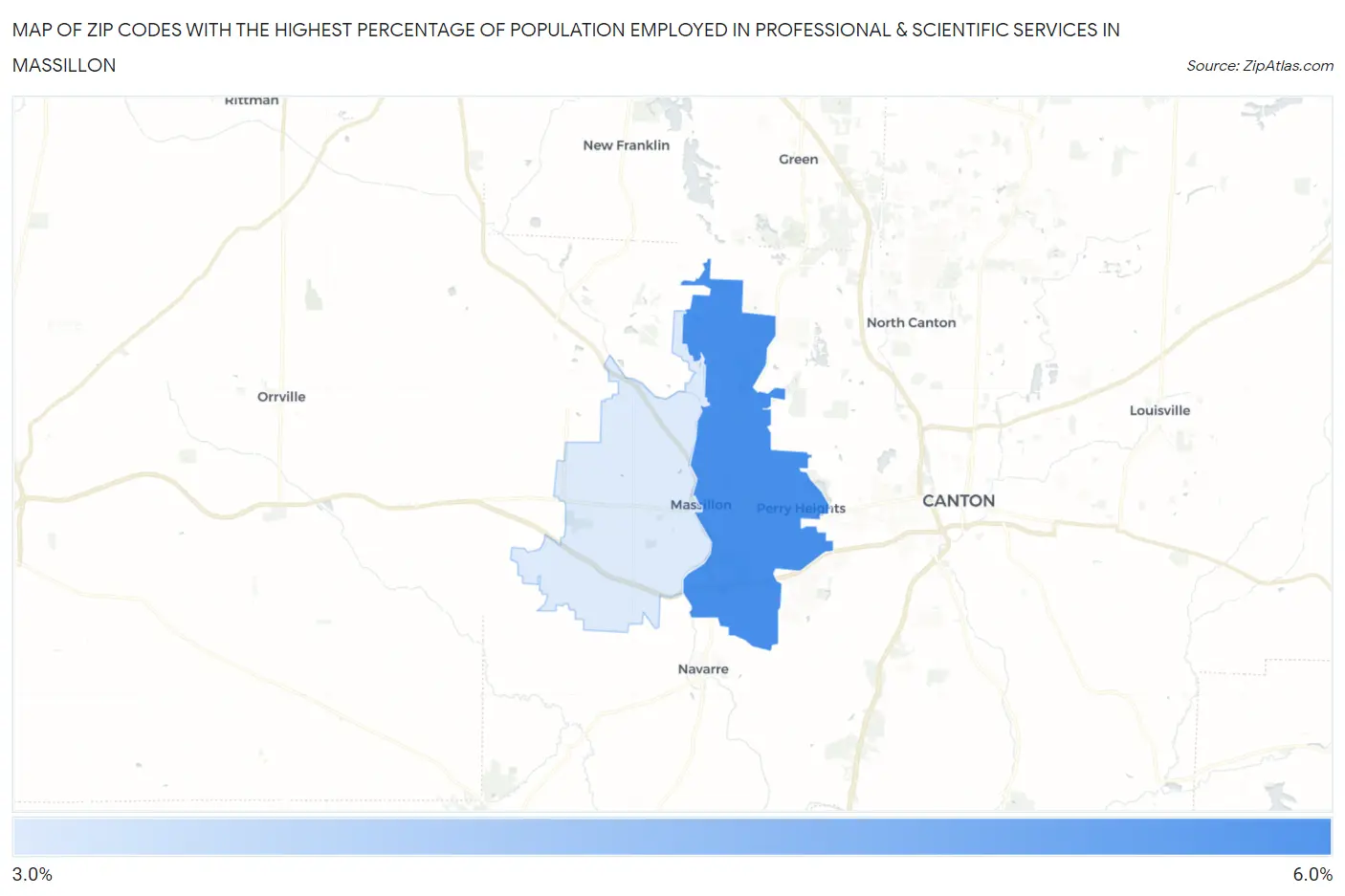 Zip Codes with the Highest Percentage of Population Employed in Professional & Scientific Services in Massillon Map