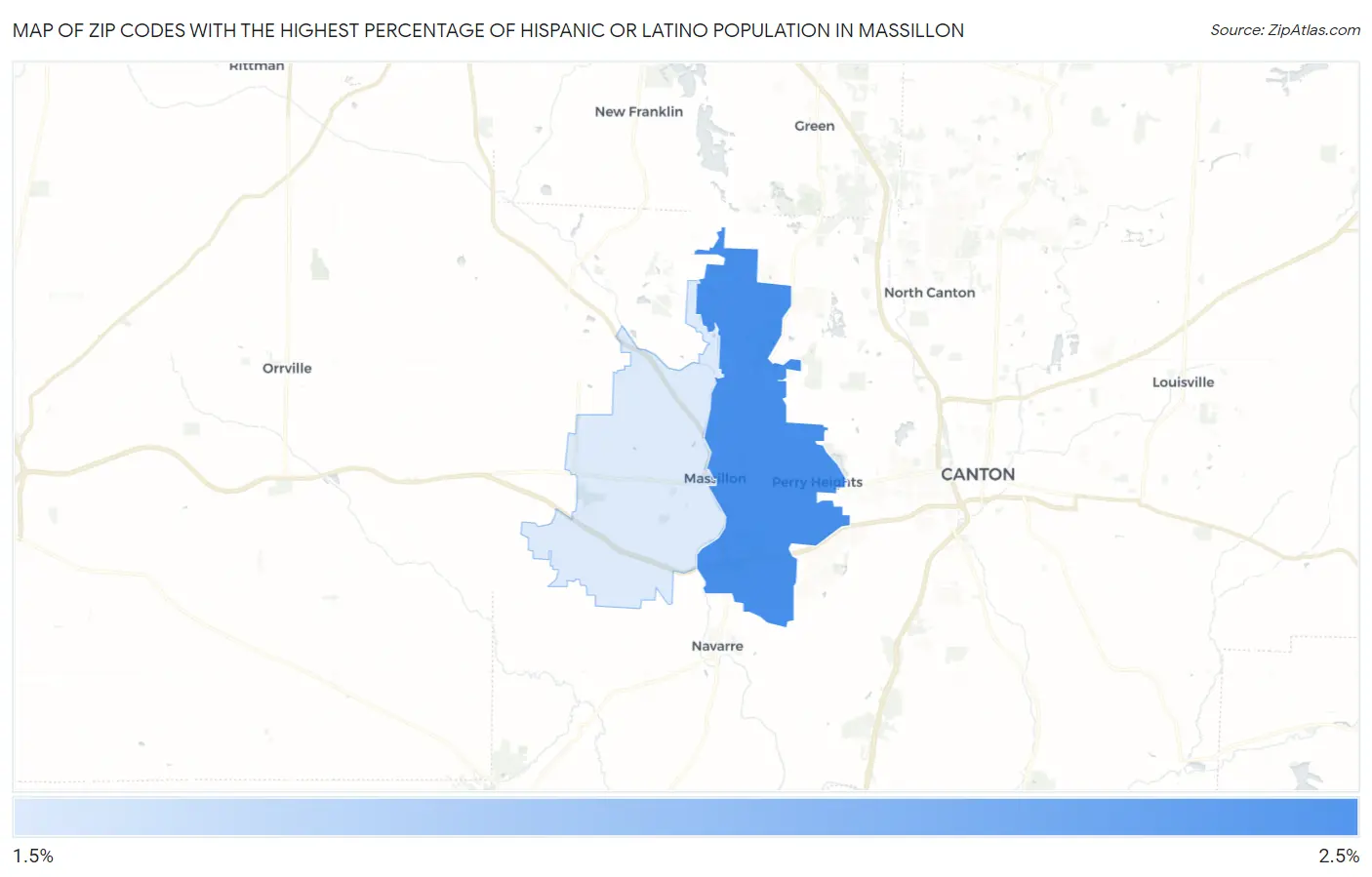 Zip Codes with the Highest Percentage of Hispanic or Latino Population in Massillon Map