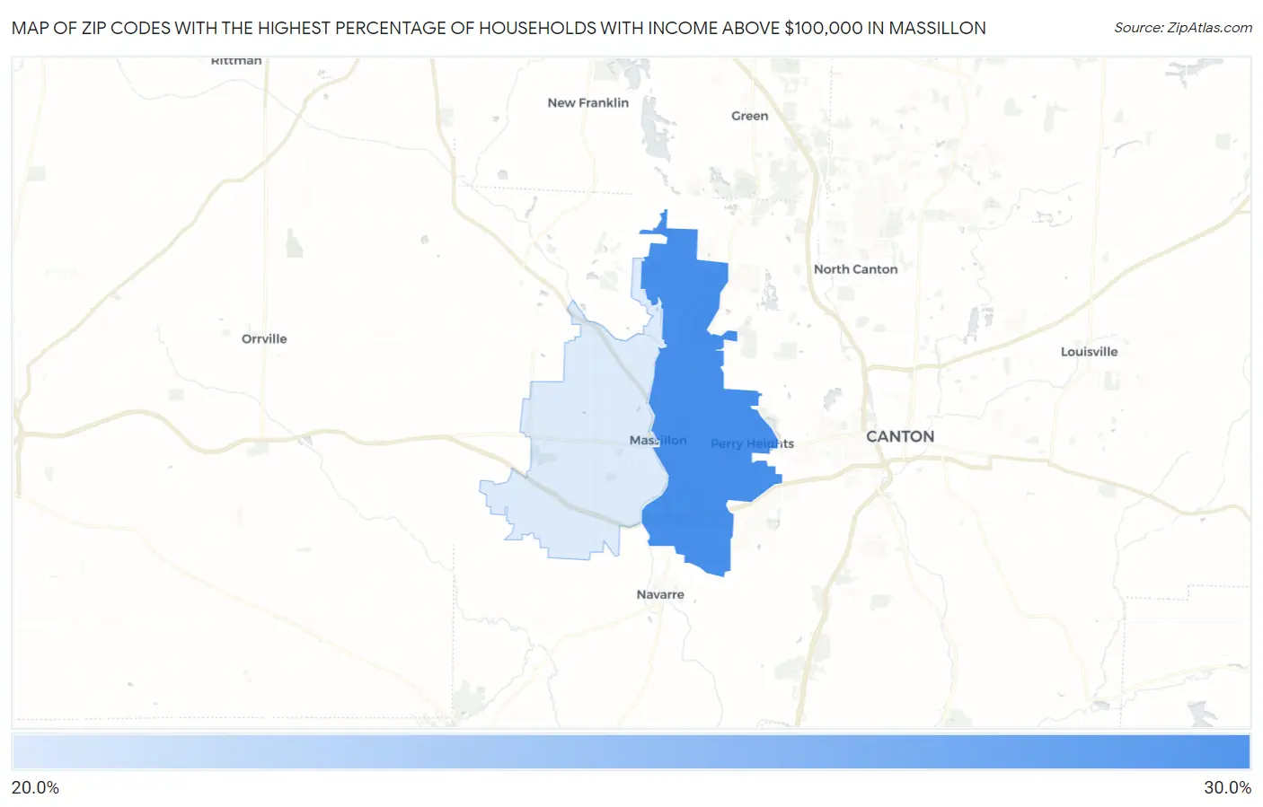 Zip Codes with the Highest Percentage of Households with Income Above $100,000 in Massillon Map