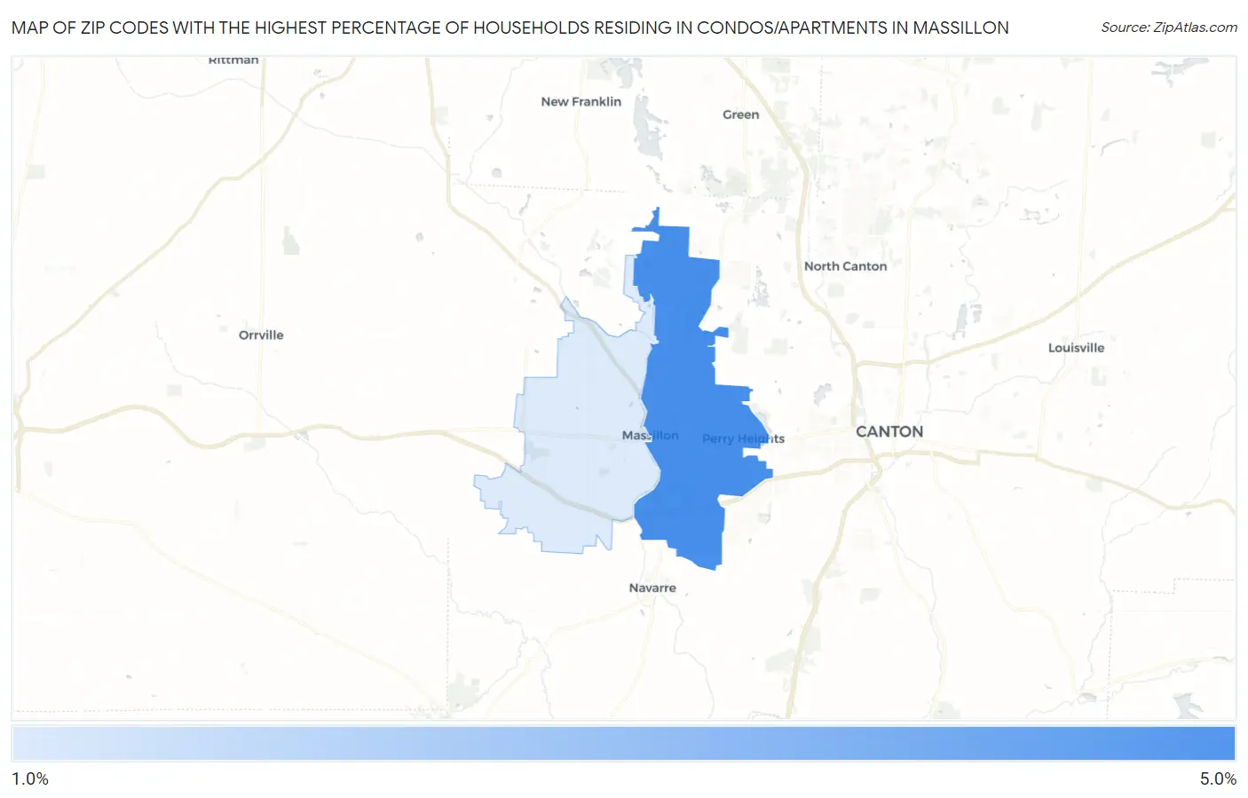 Zip Codes with the Highest Percentage of Households Residing in Condos/Apartments in Massillon Map