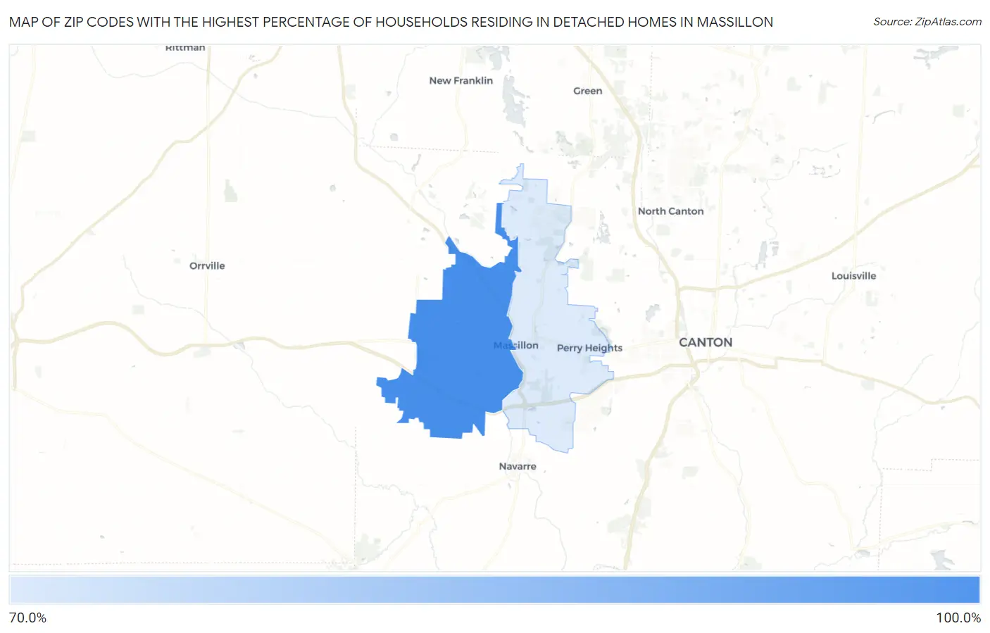 Zip Codes with the Highest Percentage of Households Residing in Detached Homes in Massillon Map