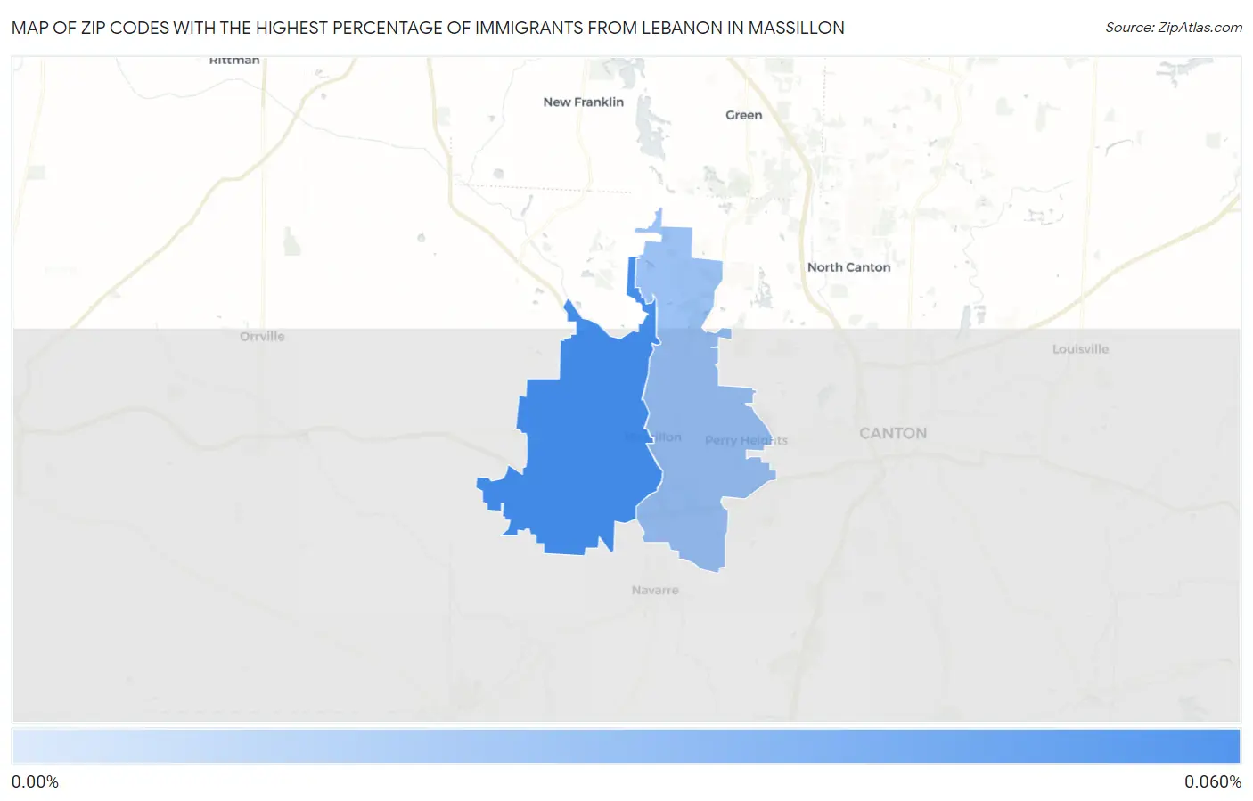 Zip Codes with the Highest Percentage of Immigrants from Lebanon in Massillon Map