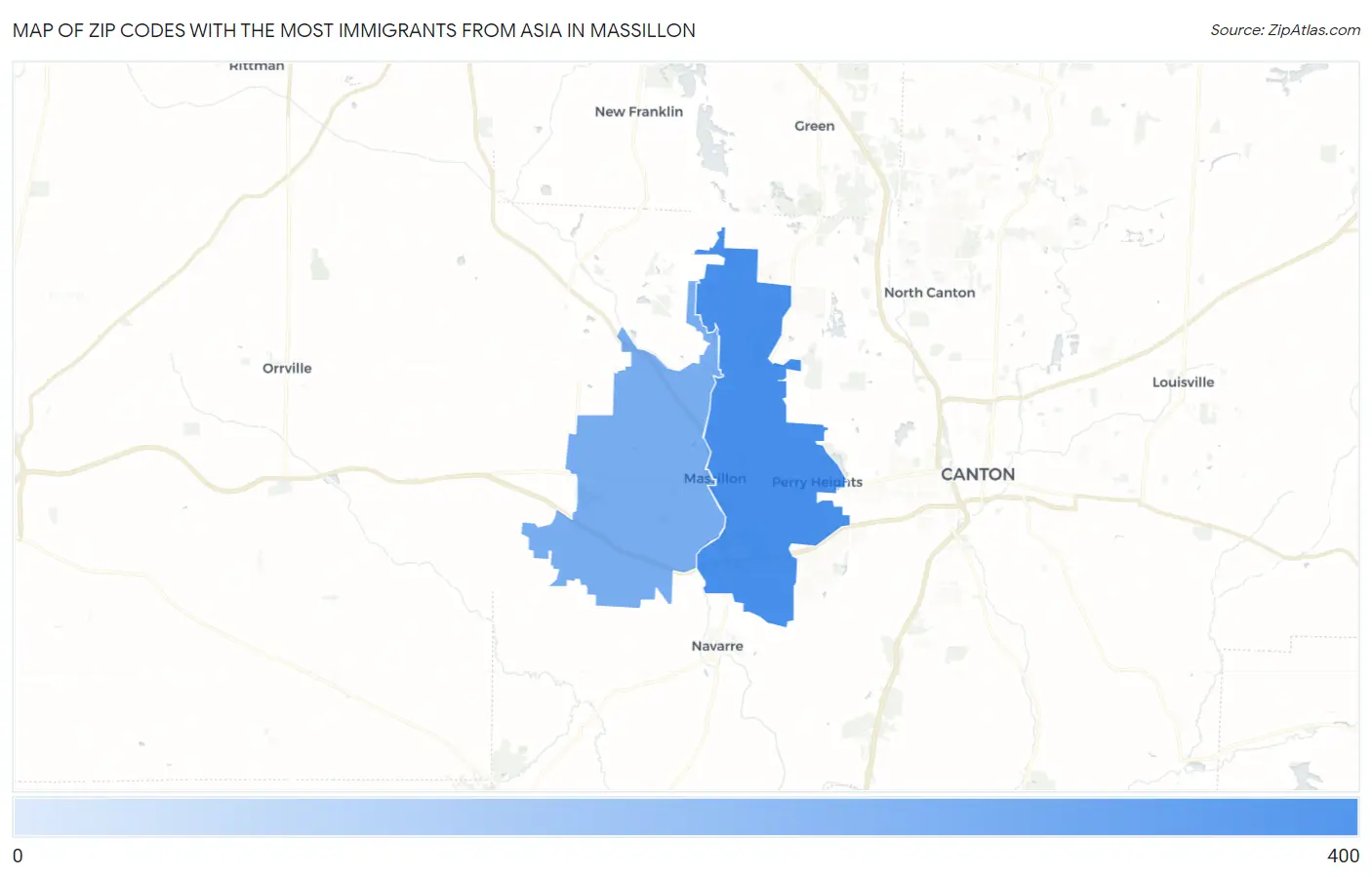 Zip Codes with the Most Immigrants from Asia in Massillon Map