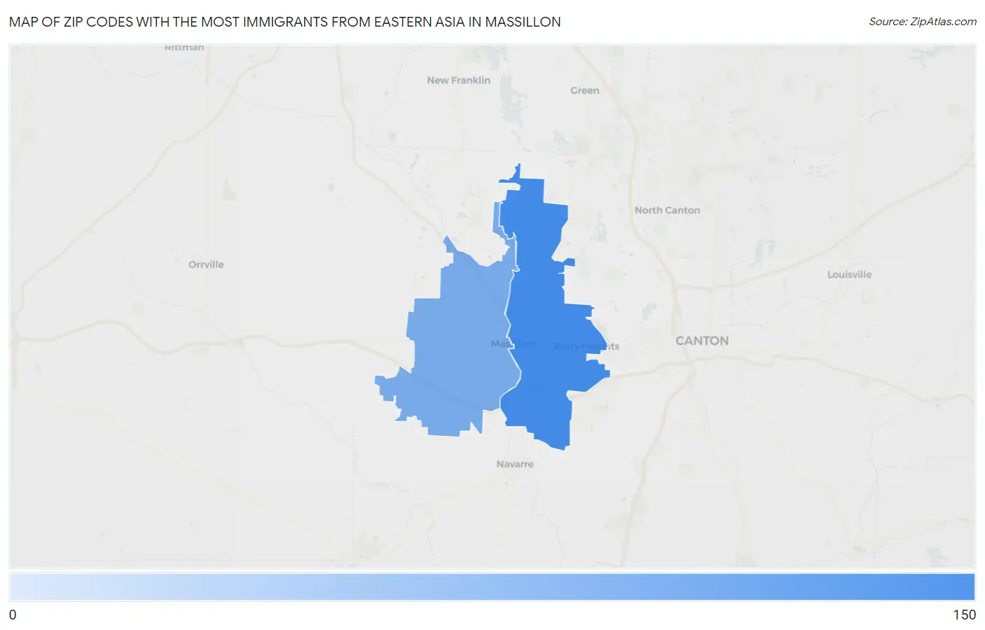 Zip Codes with the Most Immigrants from Eastern Asia in Massillon Map