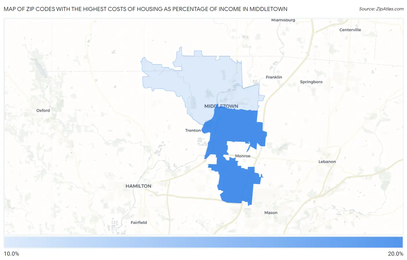 Zip Codes with the Highest Costs of Housing as Percentage of Income in Middletown Map