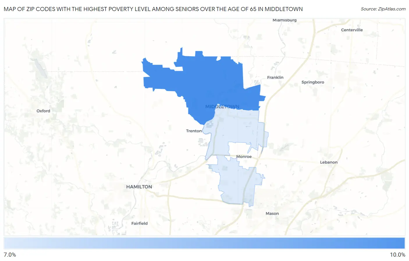 Zip Codes with the Highest Poverty Level Among Seniors Over the Age of 65 in Middletown Map