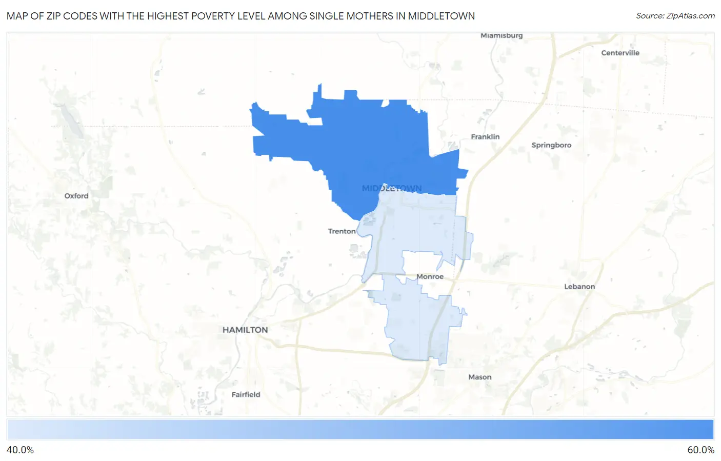 Zip Codes with the Highest Poverty Level Among Single Mothers in Middletown Map