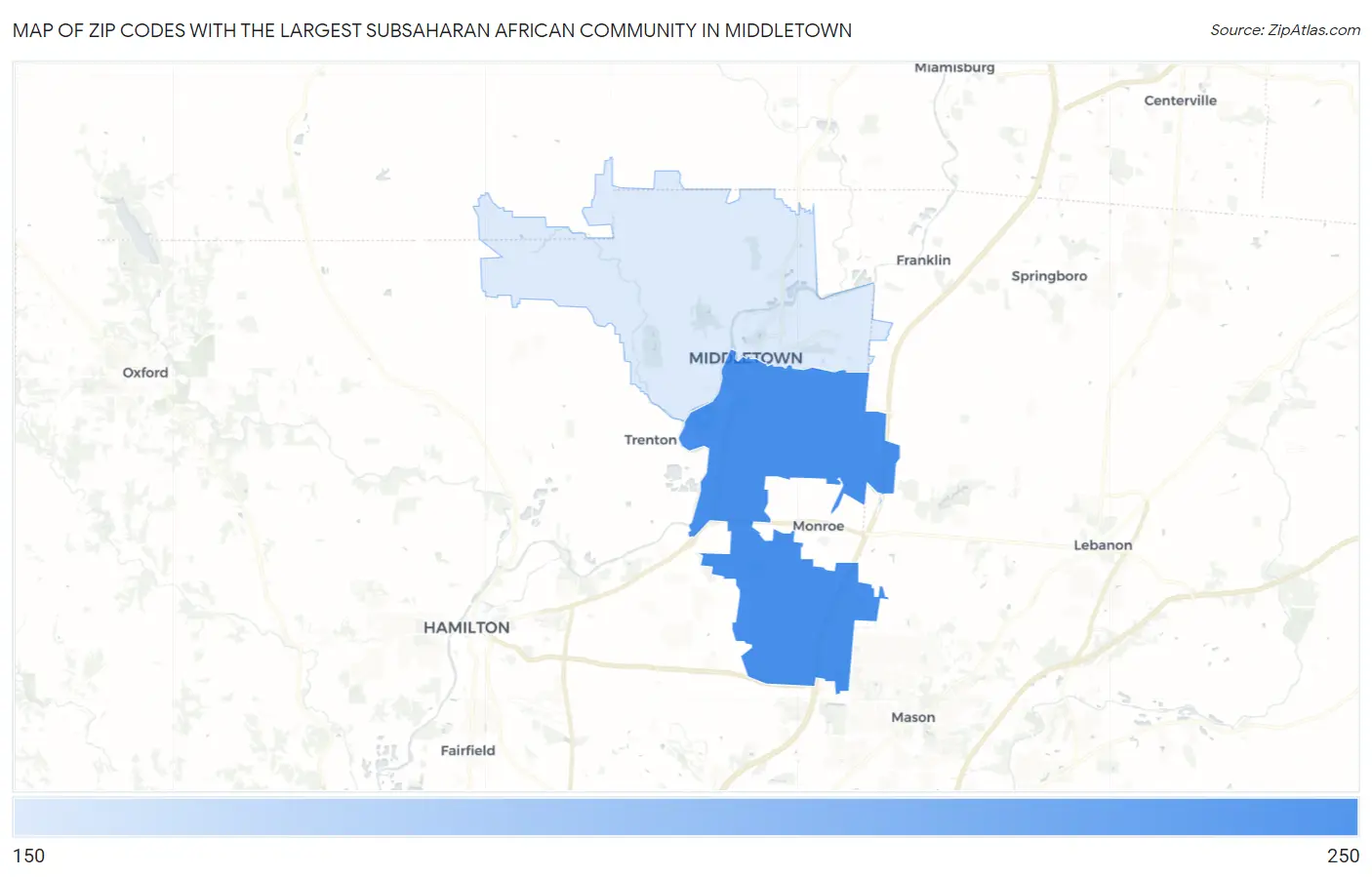 Zip Codes with the Largest Subsaharan African Community in Middletown Map