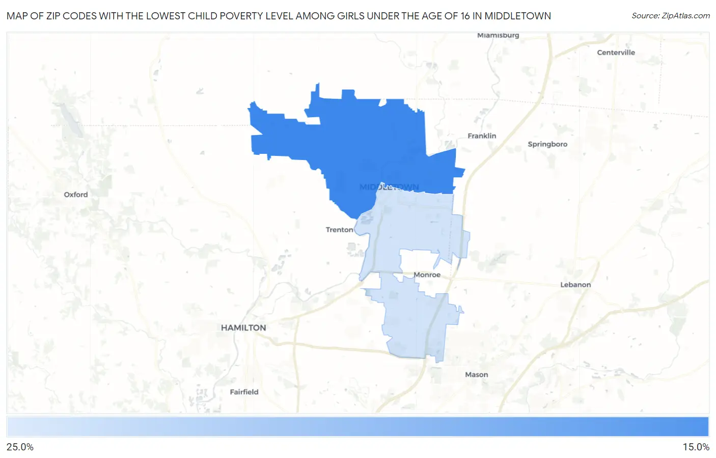 Zip Codes with the Lowest Child Poverty Level Among Girls Under the Age of 16 in Middletown Map