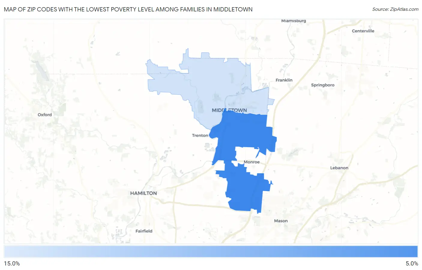 Zip Codes with the Lowest Poverty Level Among Families in Middletown Map