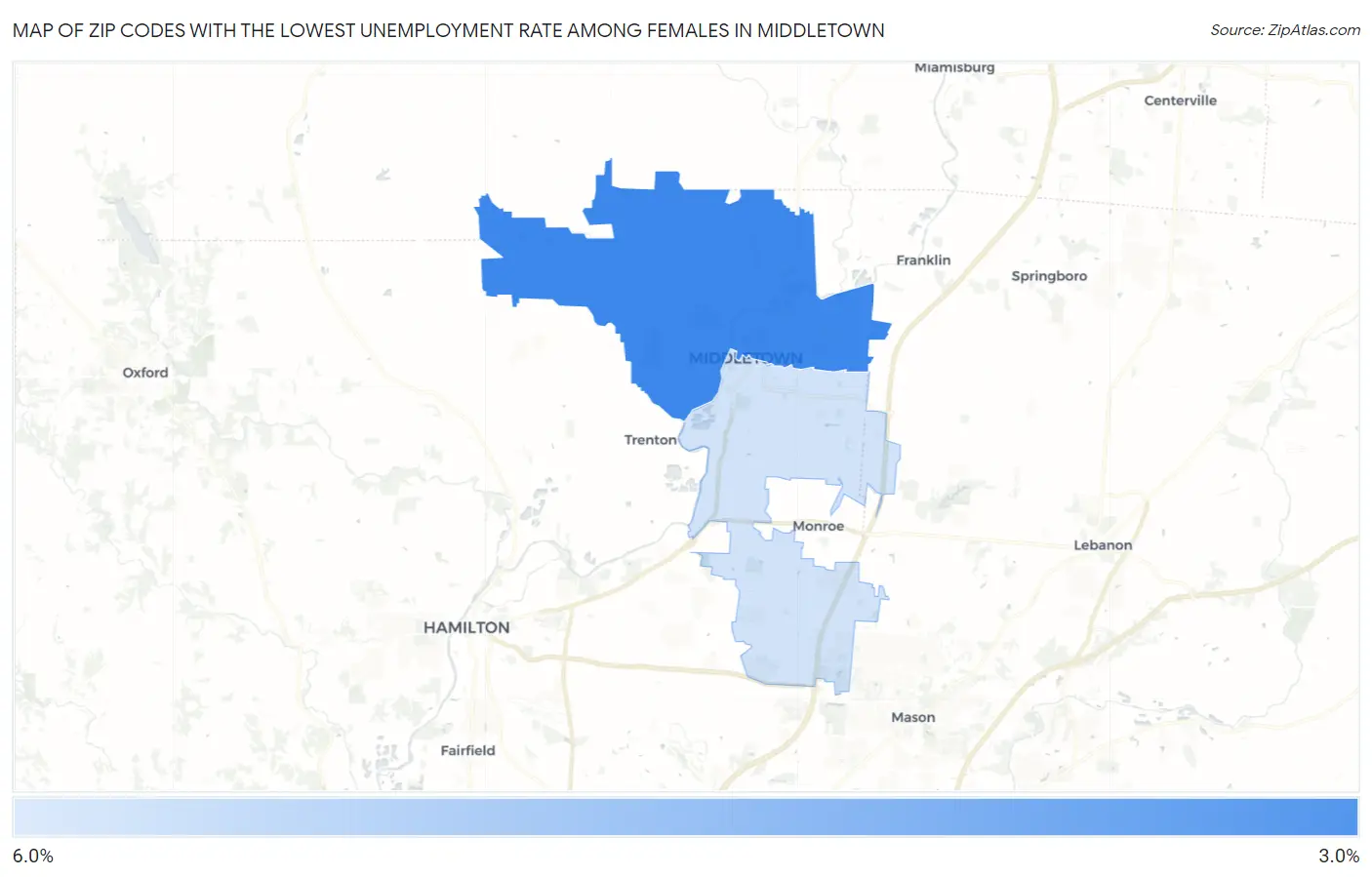 Zip Codes with the Lowest Unemployment Rate Among Females in Middletown Map