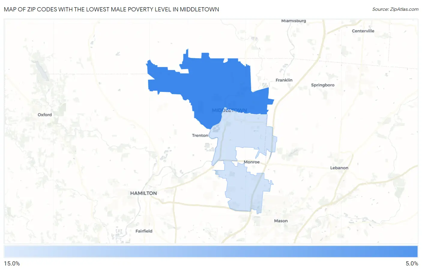 Zip Codes with the Lowest Male Poverty Level in Middletown Map