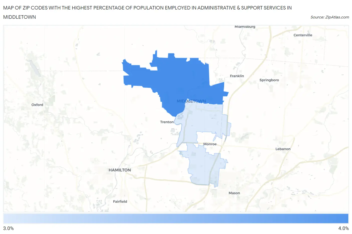 Zip Codes with the Highest Percentage of Population Employed in Administrative & Support Services in Middletown Map
