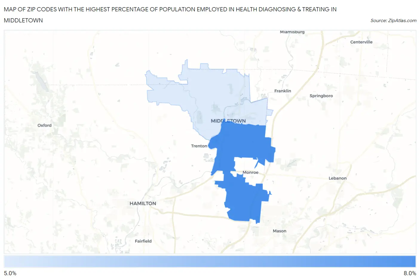 Zip Codes with the Highest Percentage of Population Employed in Health Diagnosing & Treating in Middletown Map