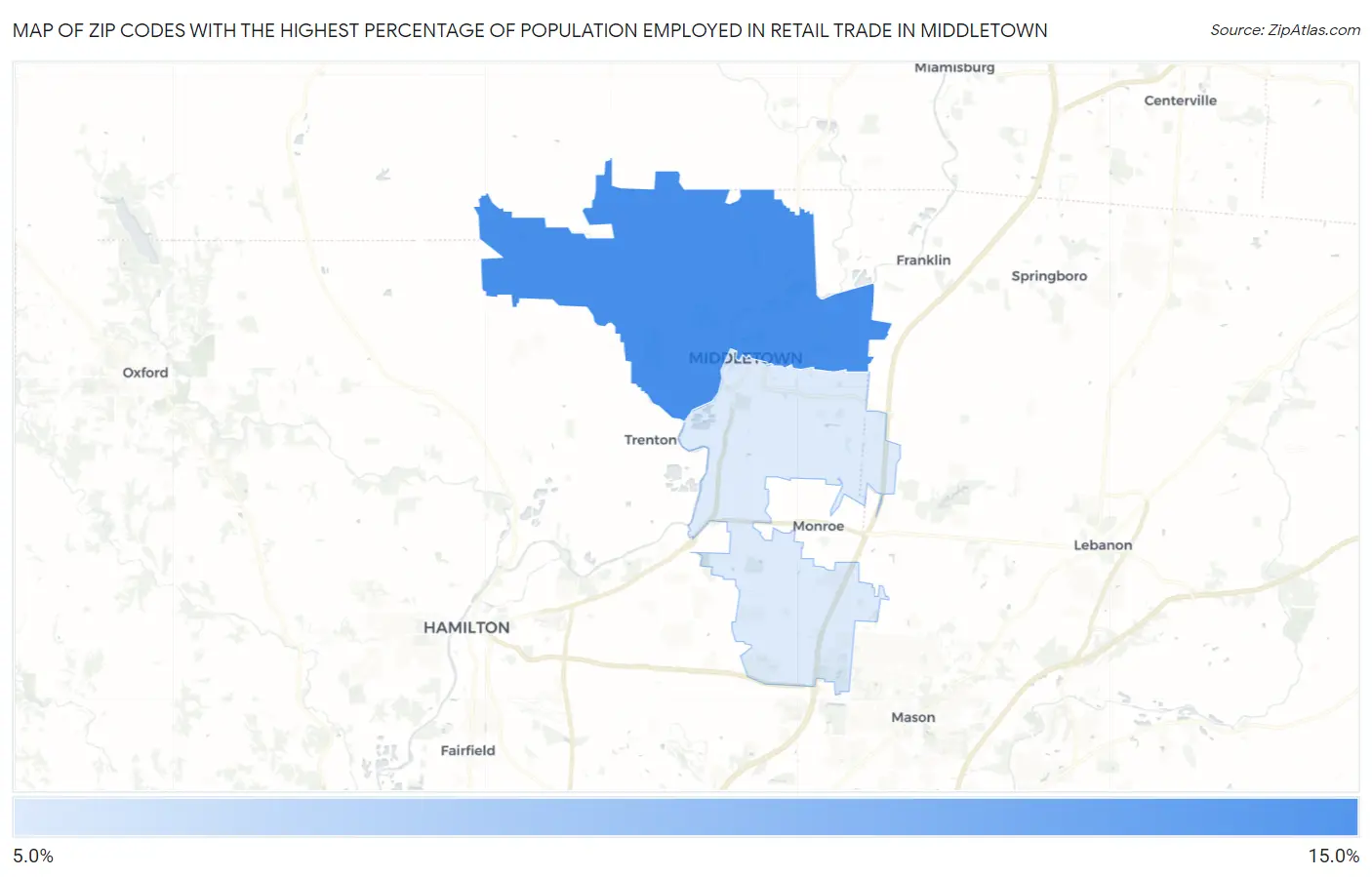 Zip Codes with the Highest Percentage of Population Employed in Retail Trade in Middletown Map