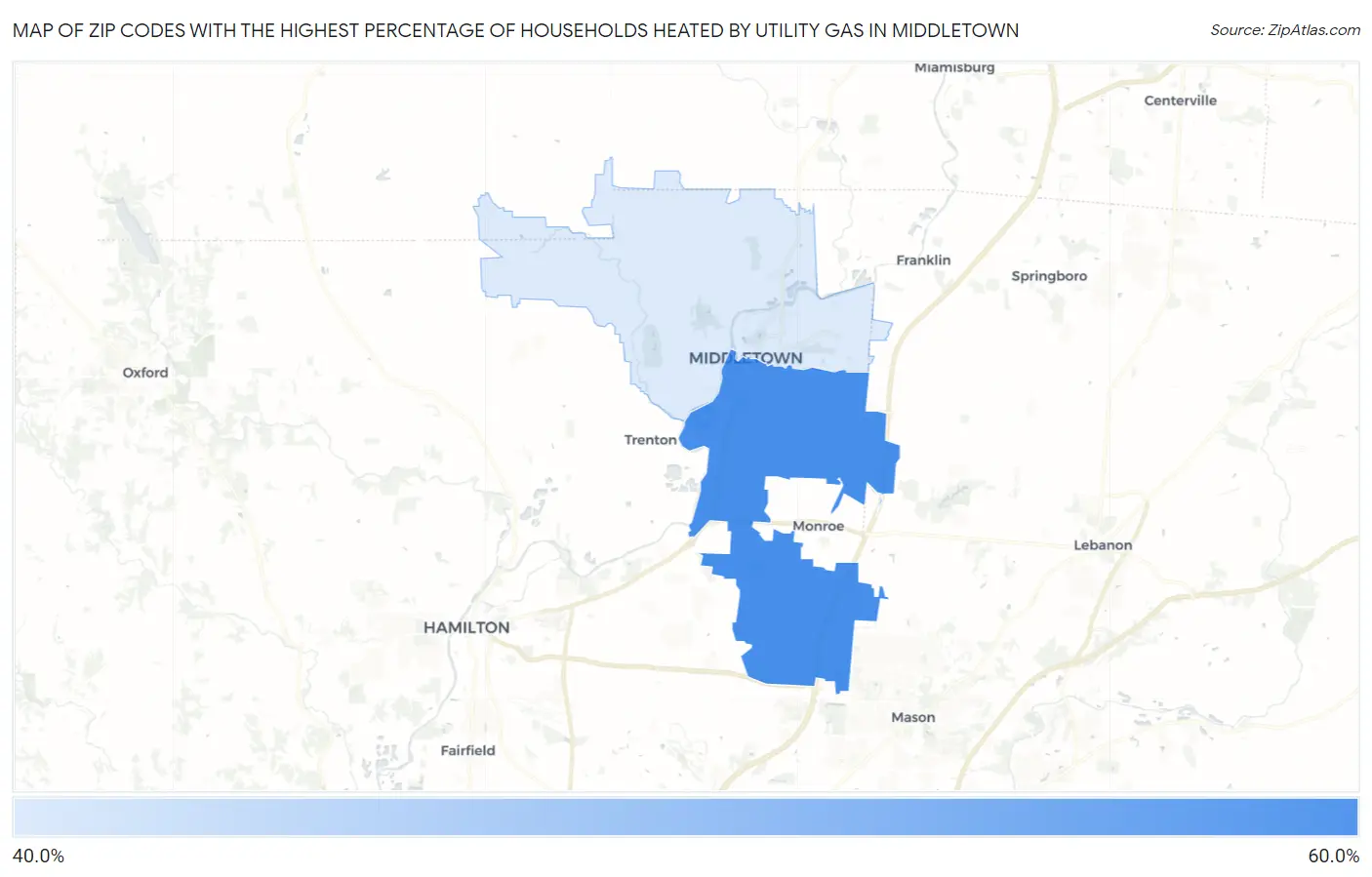Zip Codes with the Highest Percentage of Households Heated by Utility Gas in Middletown Map
