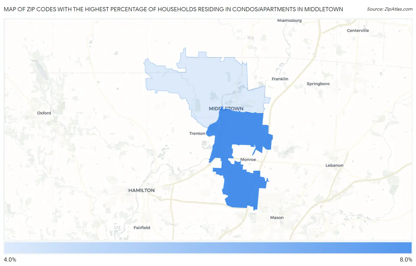 Zip Codes with the Highest Percentage of Households Residing in Condos/Apartments in Middletown Map