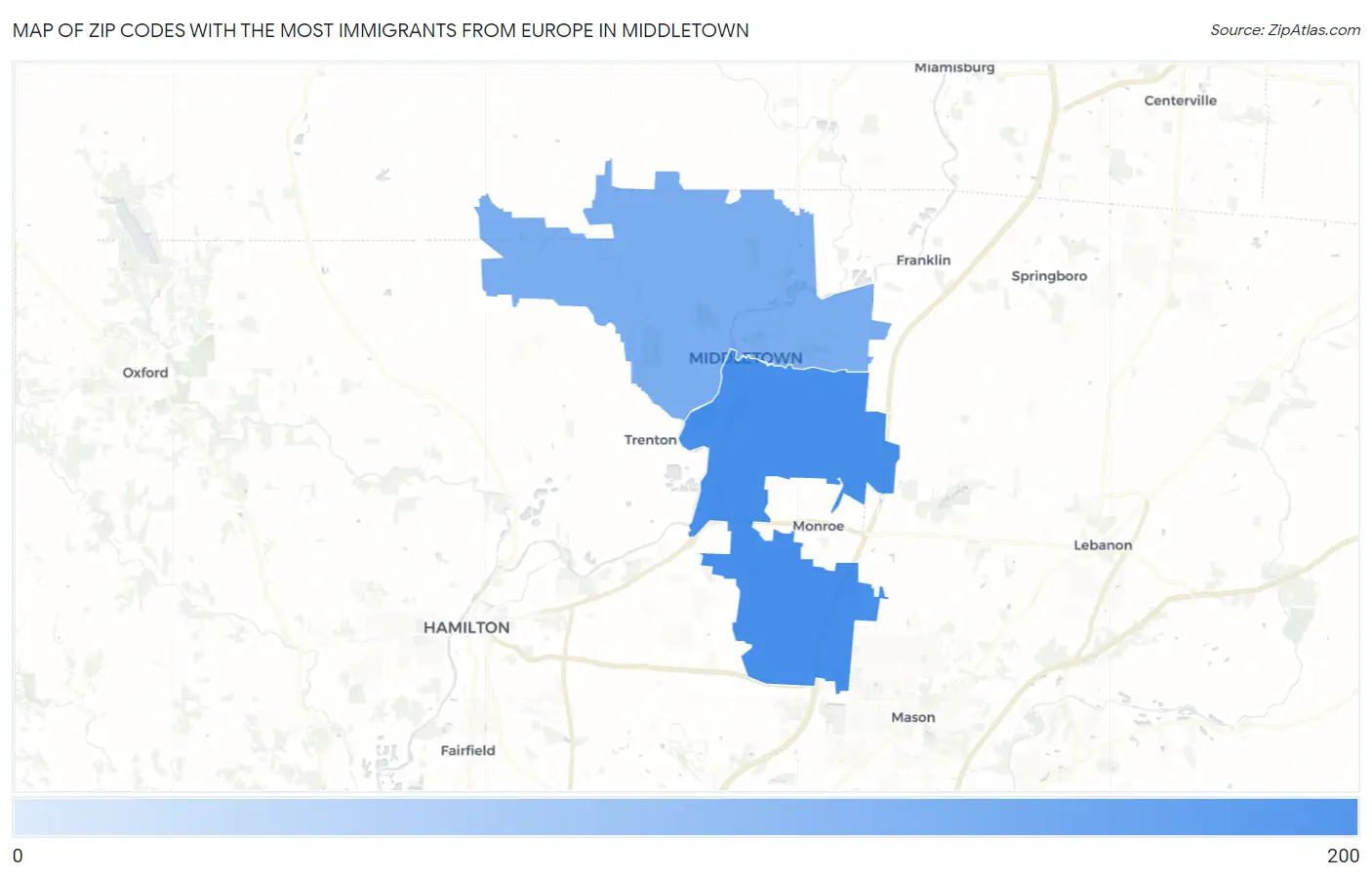 Zip Codes with the Most Immigrants from Europe in Middletown Map