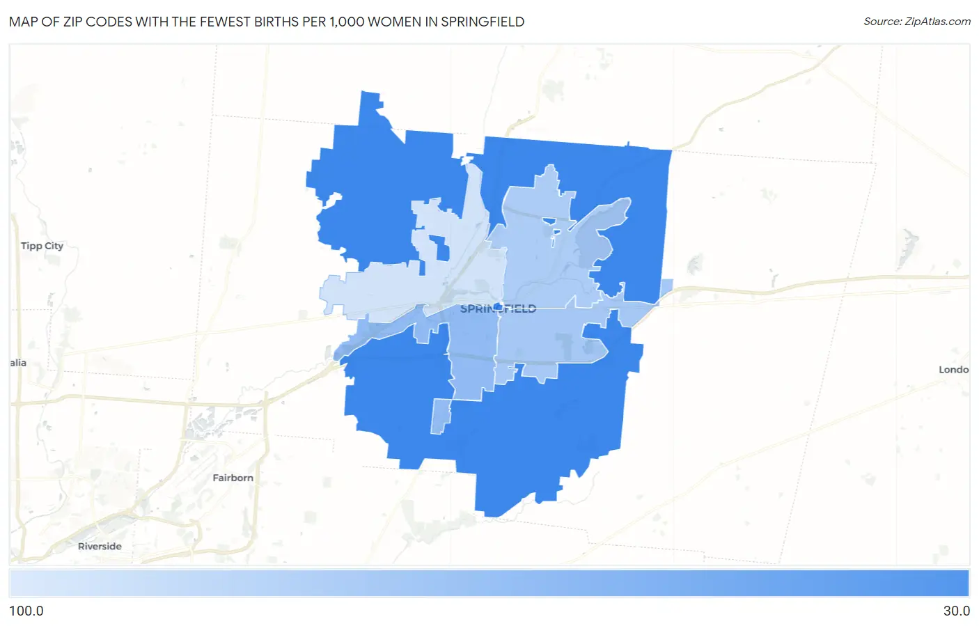 Zip Codes with the Fewest Births per 1,000 Women in Springfield Map