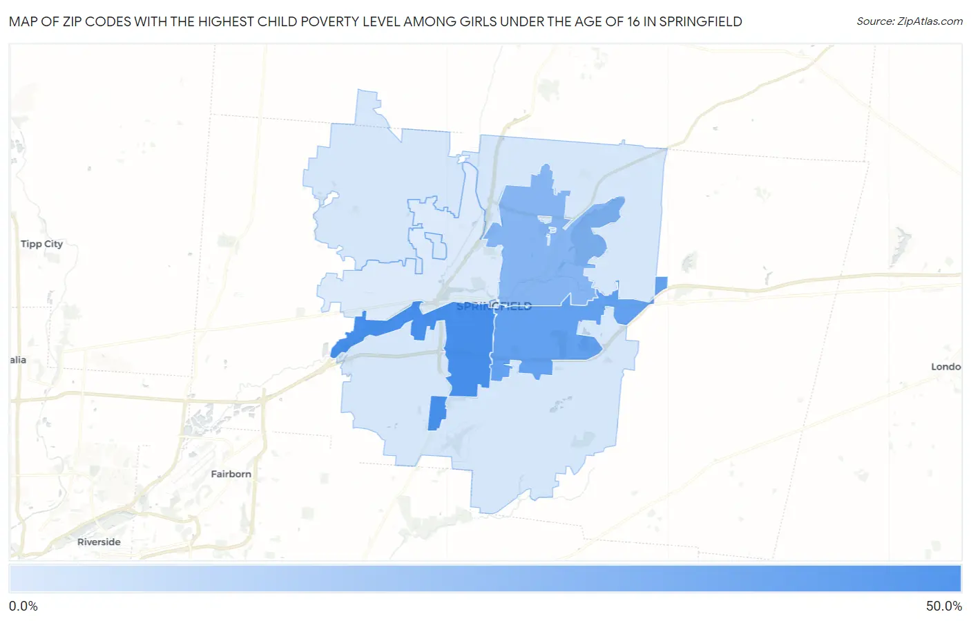 Zip Codes with the Highest Child Poverty Level Among Girls Under the Age of 16 in Springfield Map