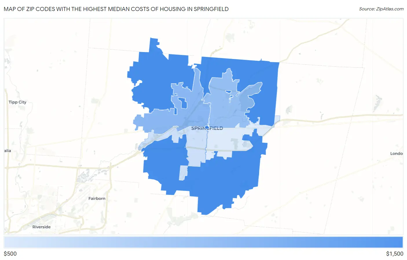 Zip Codes with the Highest Median Costs of Housing in Springfield Map