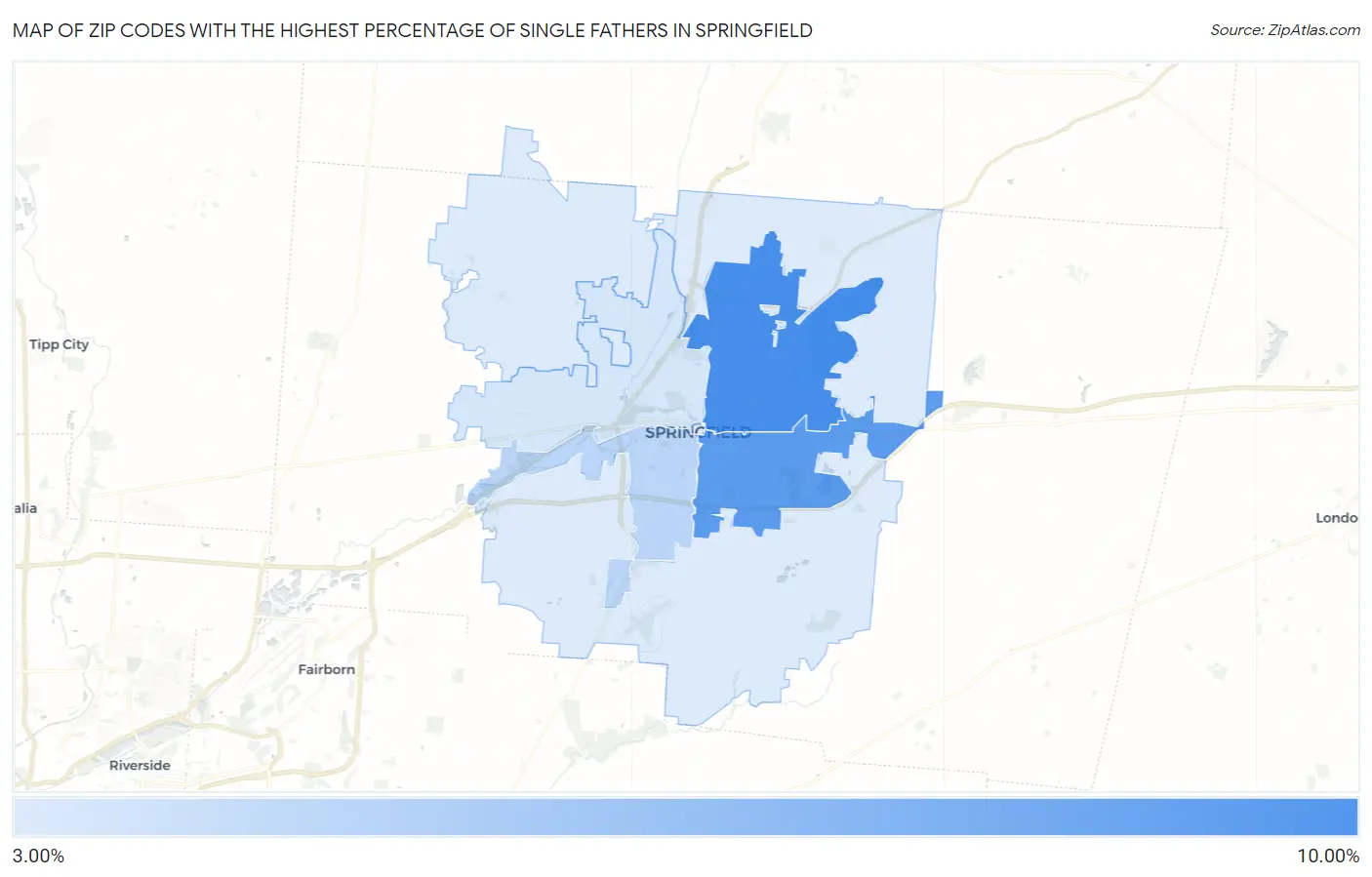Zip Codes with the Highest Percentage of Single Fathers in Springfield Map