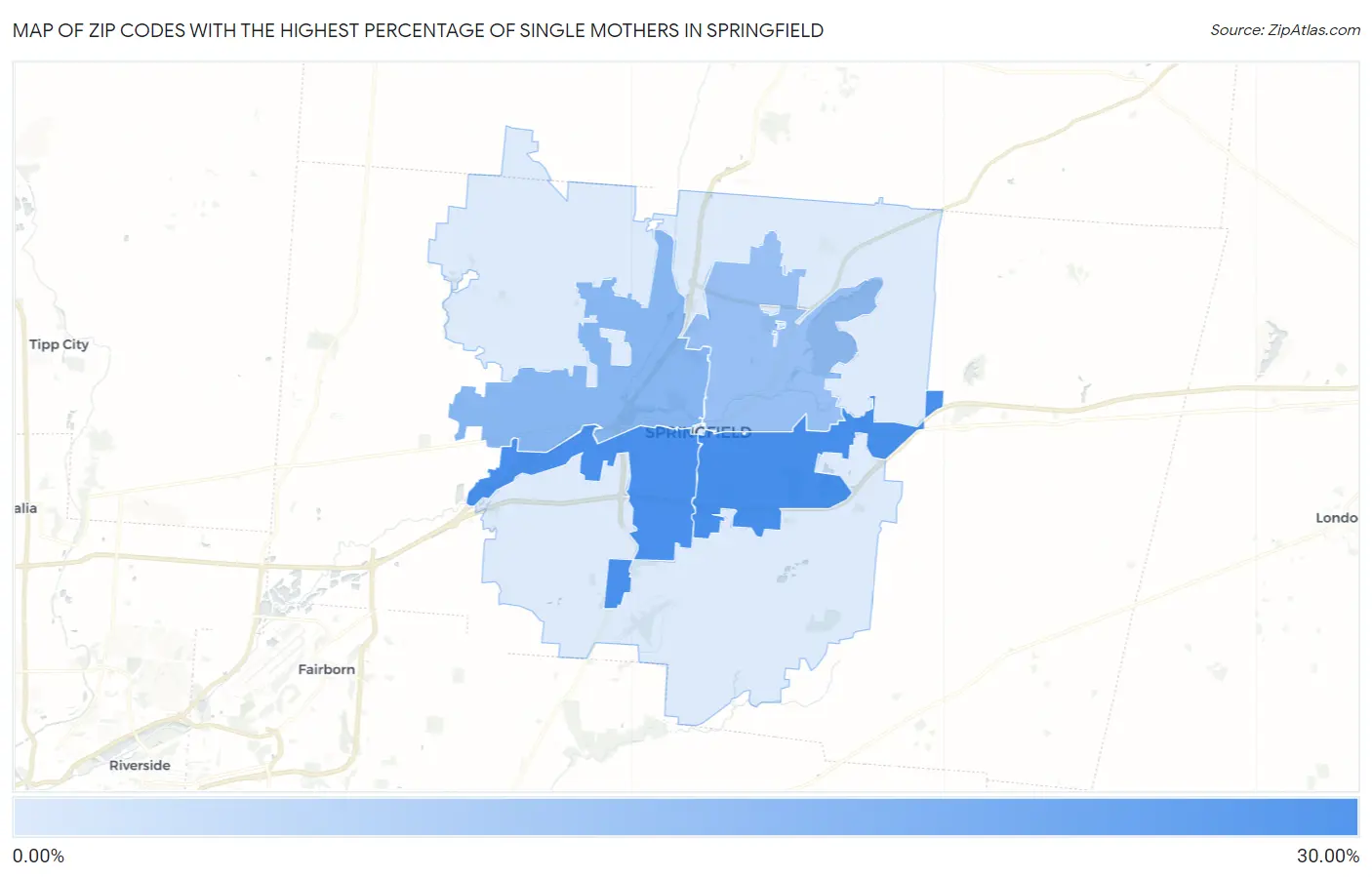 Zip Codes with the Highest Percentage of Single Mothers in Springfield Map
