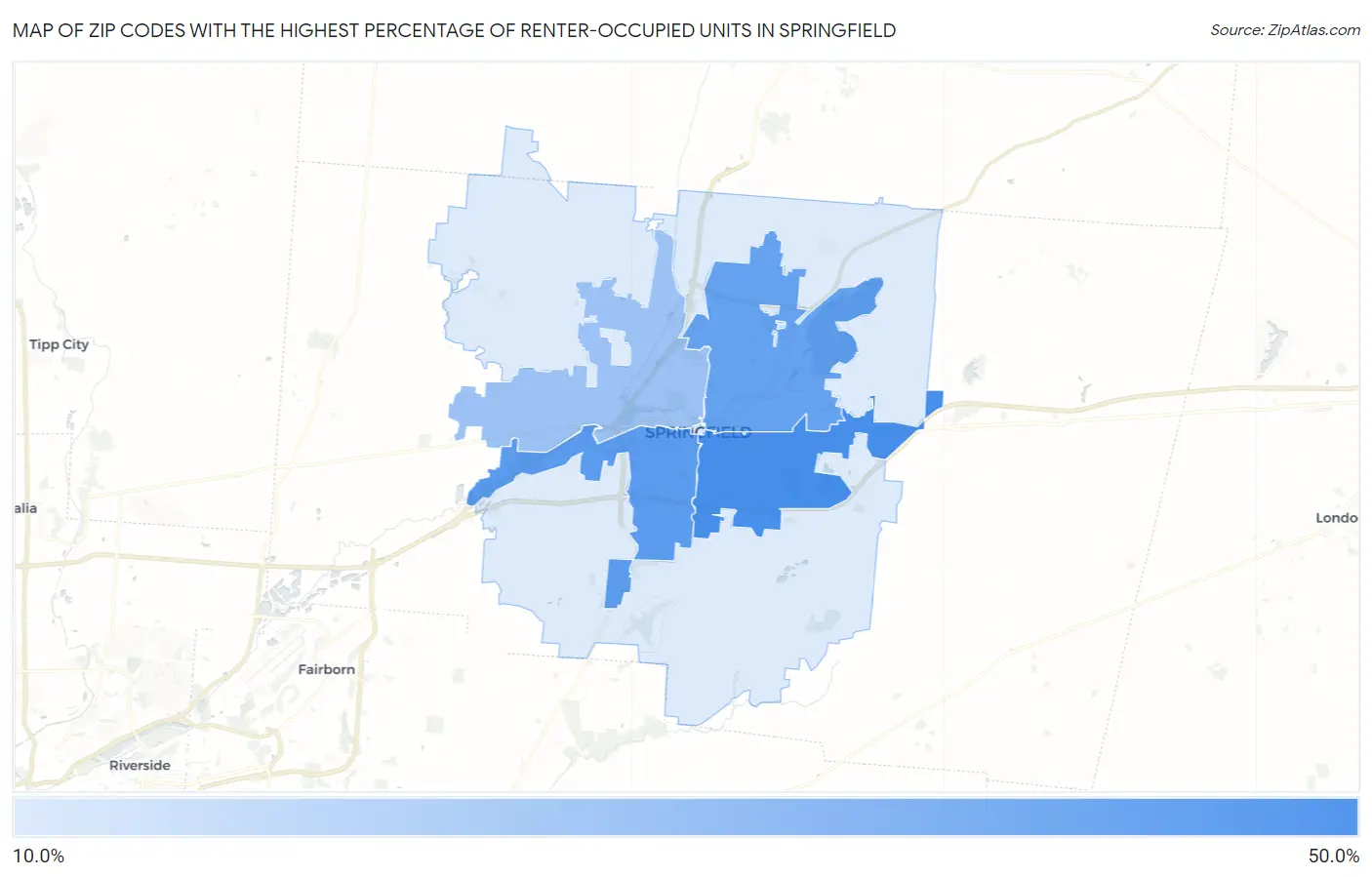 Zip Codes with the Highest Percentage of Renter-Occupied Units in Springfield Map