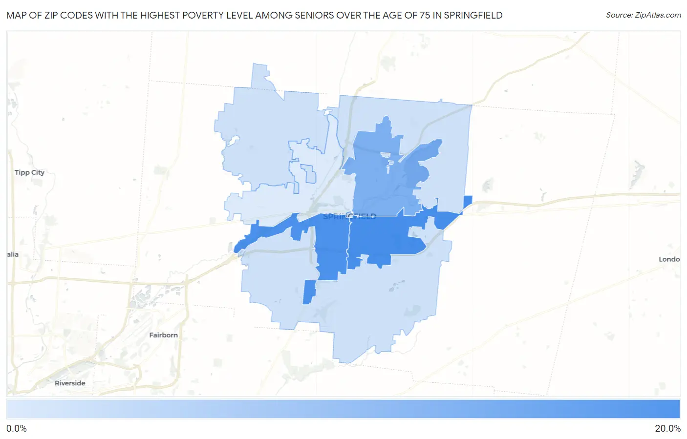 Zip Codes with the Highest Poverty Level Among Seniors Over the Age of 75 in Springfield Map