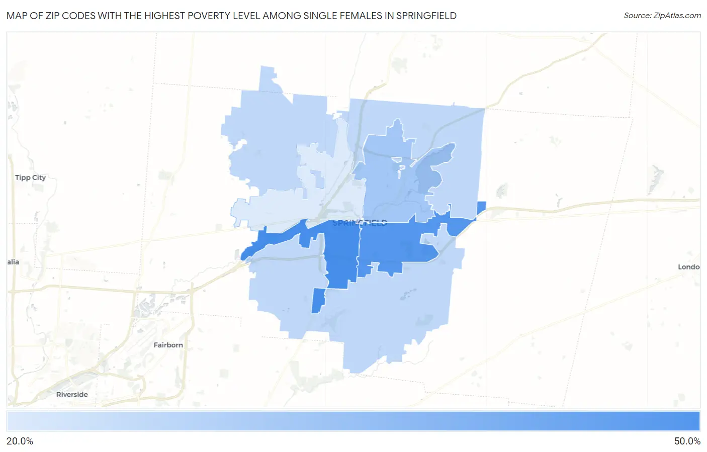 Zip Codes with the Highest Poverty Level Among Single Females in Springfield Map