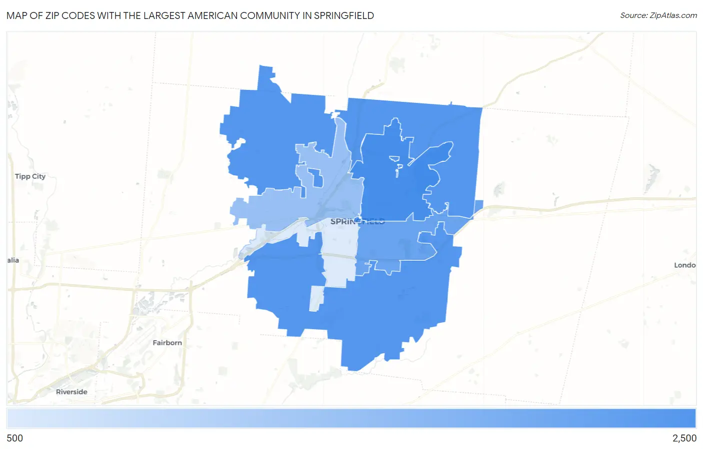 Zip Codes with the Largest American Community in Springfield Map