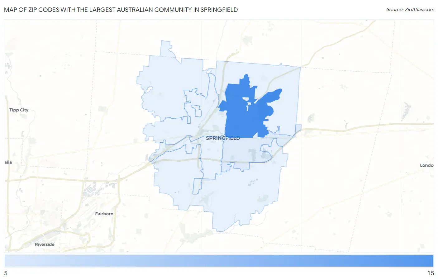 Zip Codes with the Largest Australian Community in Springfield Map