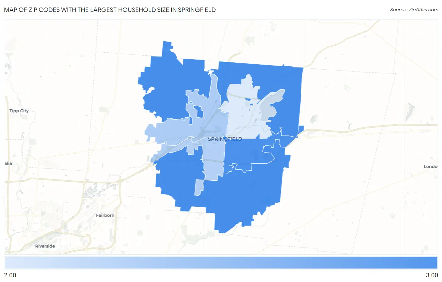 Zip Codes with the Largest Household Size in Springfield Map