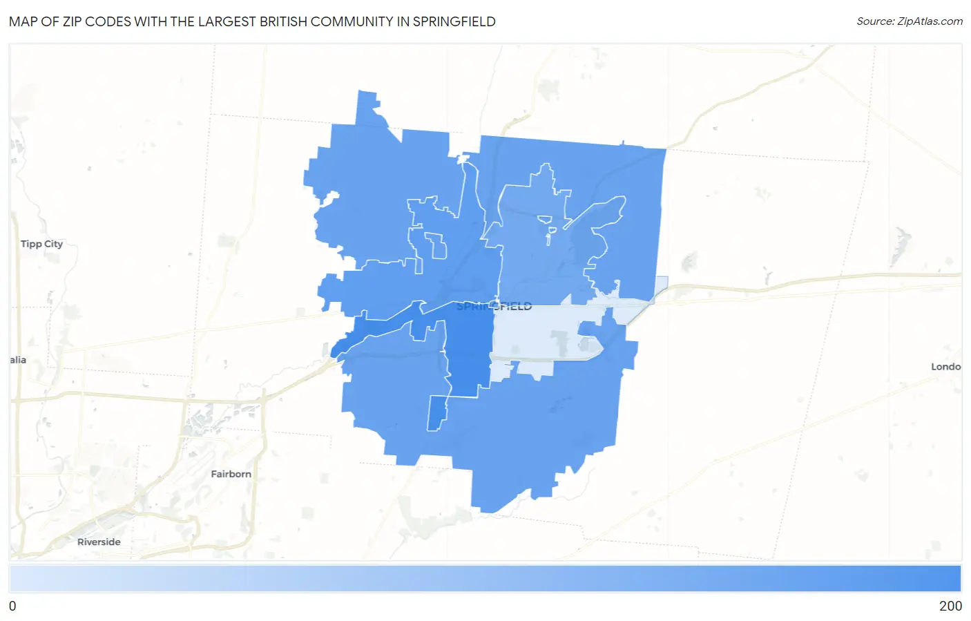 Zip Codes with the Largest British Community in Springfield Map