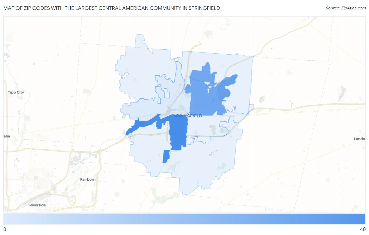 Zip Codes with the Largest Central American Community in Springfield Map