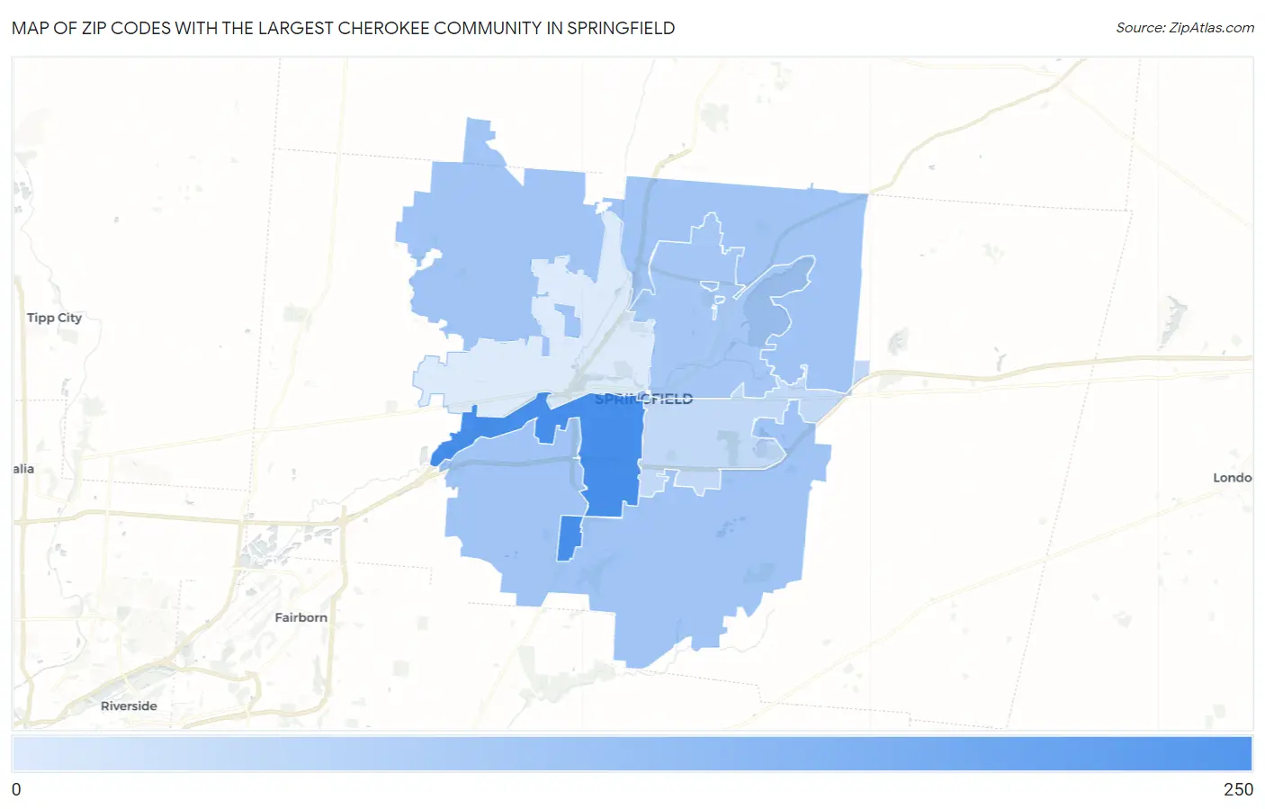 Zip Codes with the Largest Cherokee Community in Springfield Map