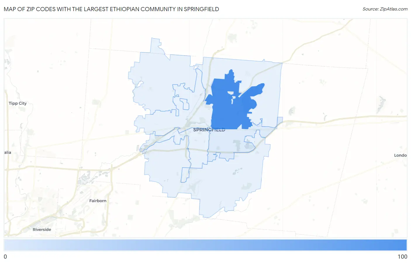 Zip Codes with the Largest Ethiopian Community in Springfield Map