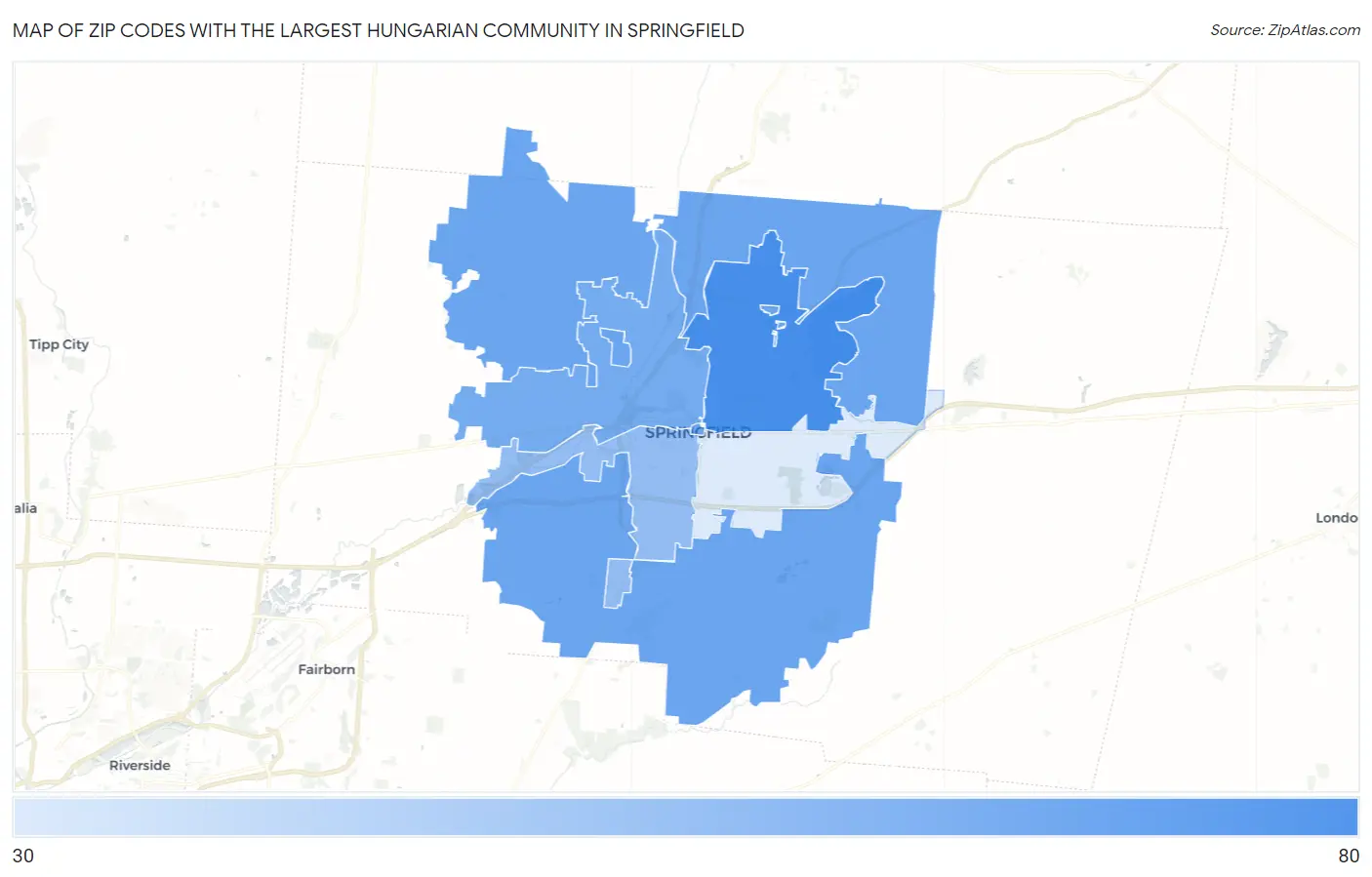 Zip Codes with the Largest Hungarian Community in Springfield Map