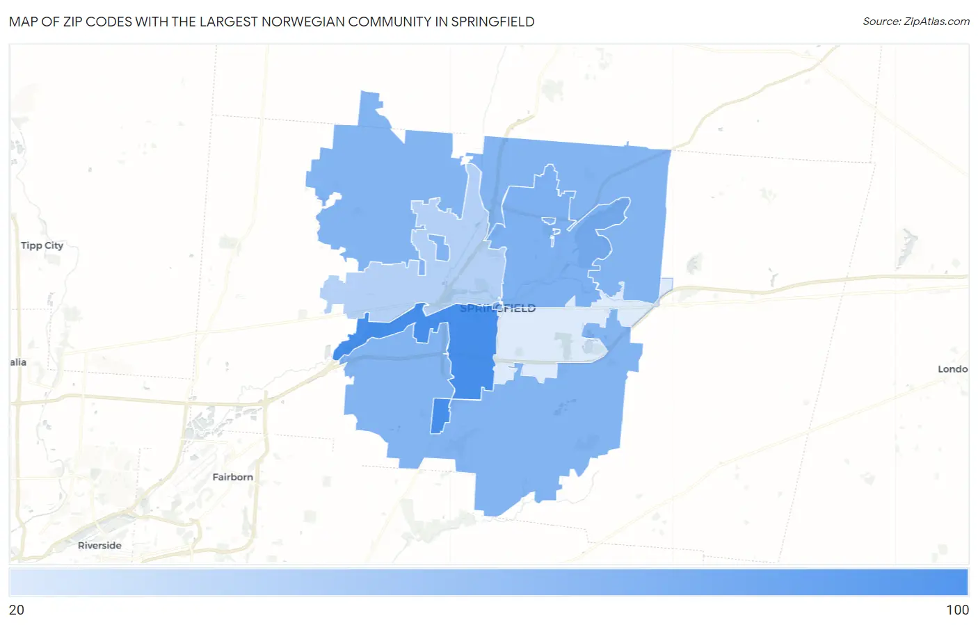 Zip Codes with the Largest Norwegian Community in Springfield Map