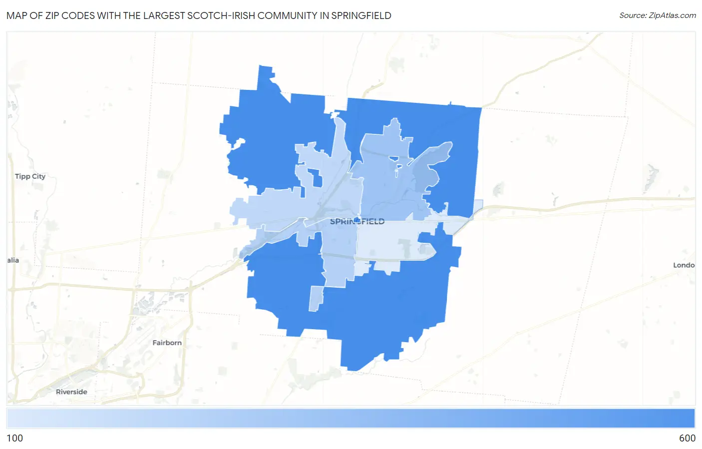 Zip Codes with the Largest Scotch-Irish Community in Springfield Map