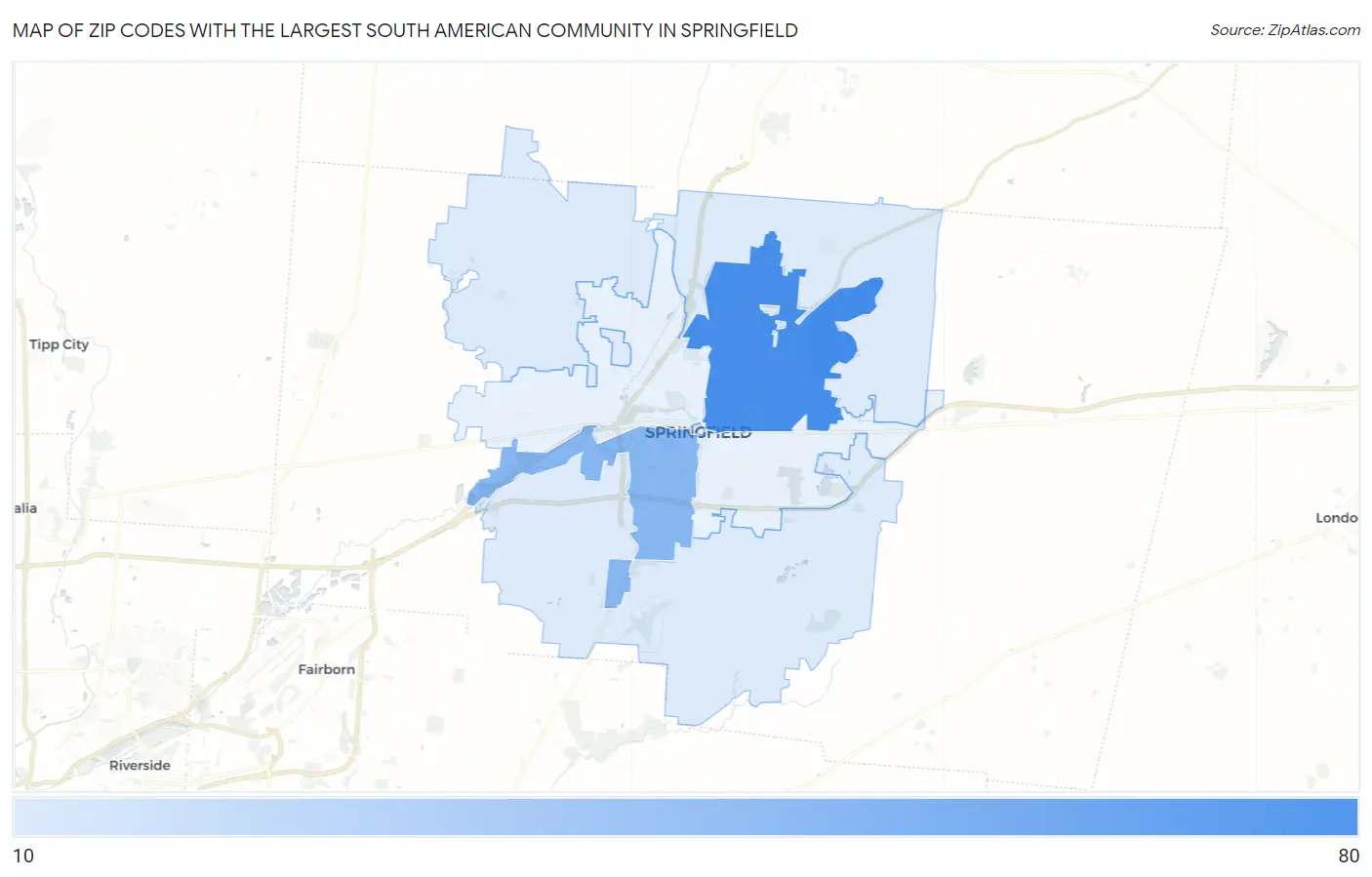 Zip Codes with the Largest South American Community in Springfield Map