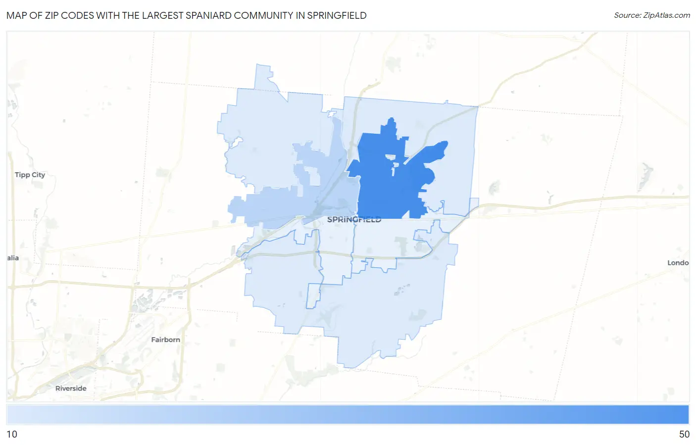 Zip Codes with the Largest Spaniard Community in Springfield Map