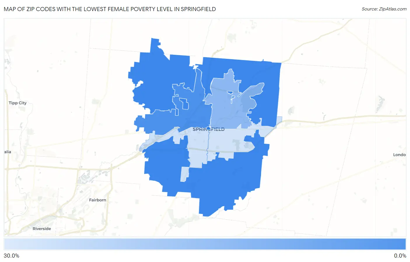 Zip Codes with the Lowest Female Poverty Level in Springfield Map