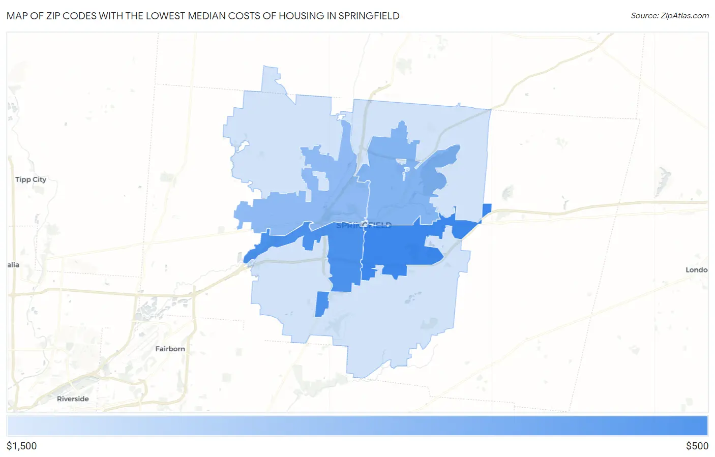 Zip Codes with the Lowest Median Costs of Housing in Springfield Map
