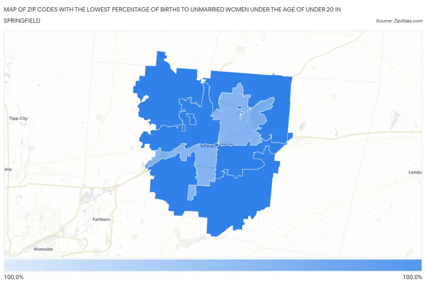 Zip Codes with the Lowest Percentage of Births to Unmarried Women under the Age of under 20 in Springfield Map