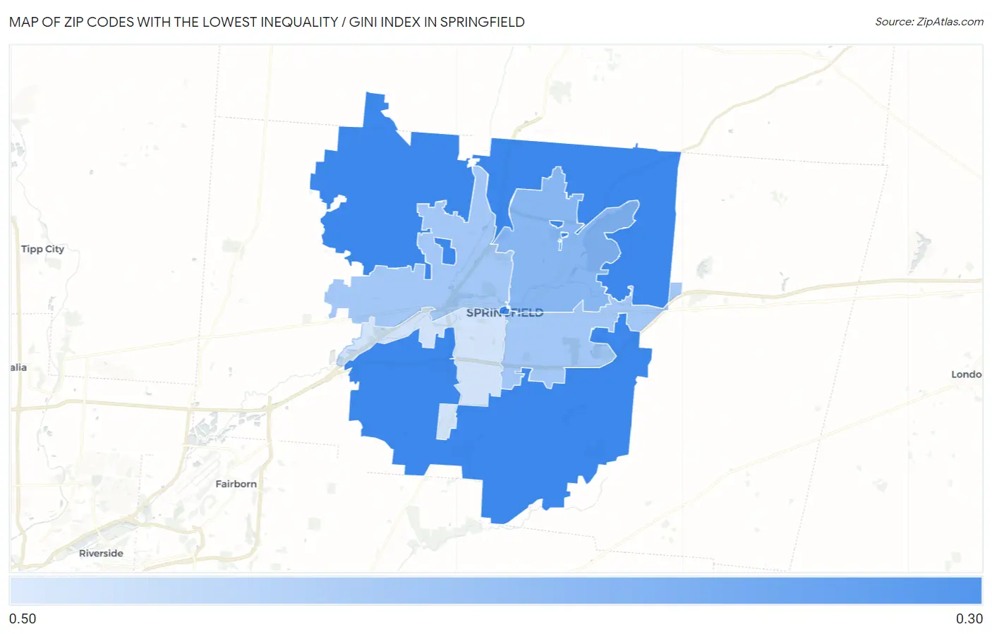 Zip Codes with the Lowest Inequality / Gini Index in Springfield Map
