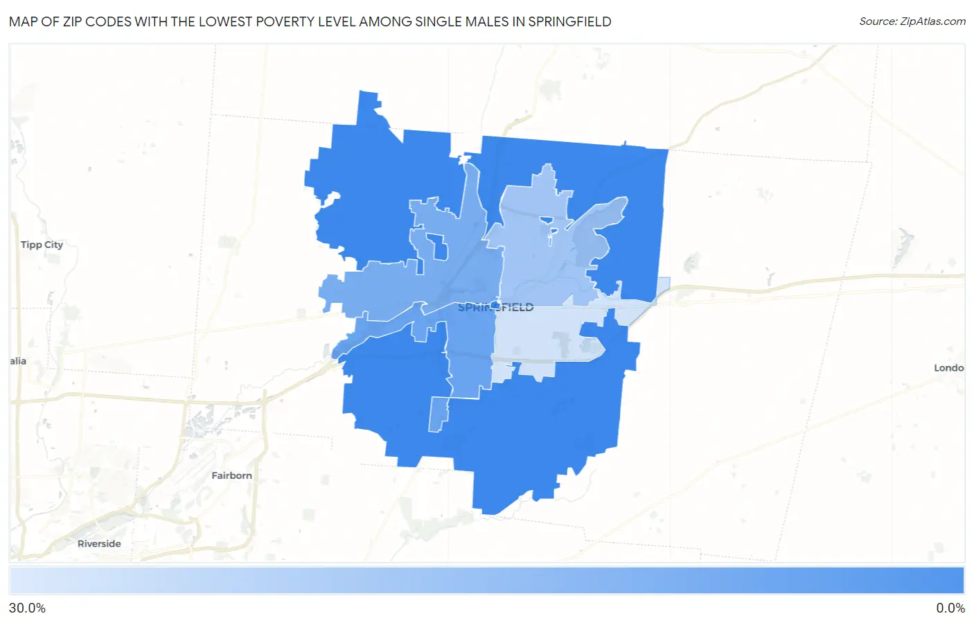 Zip Codes with the Lowest Poverty Level Among Single Males in Springfield Map