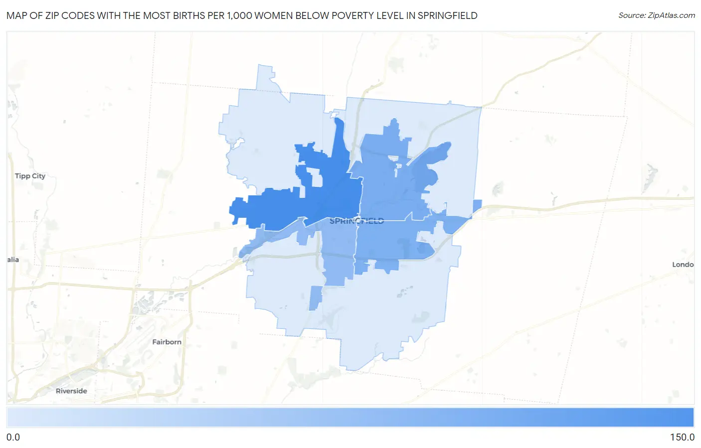 Zip Codes with the Most Births per 1,000 Women Below Poverty Level in Springfield Map