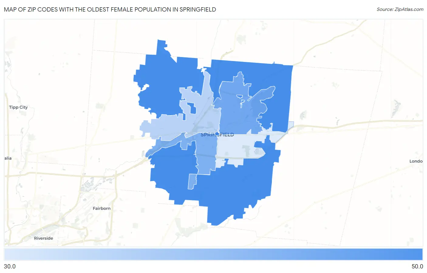 Zip Codes with the Oldest Female Population in Springfield Map